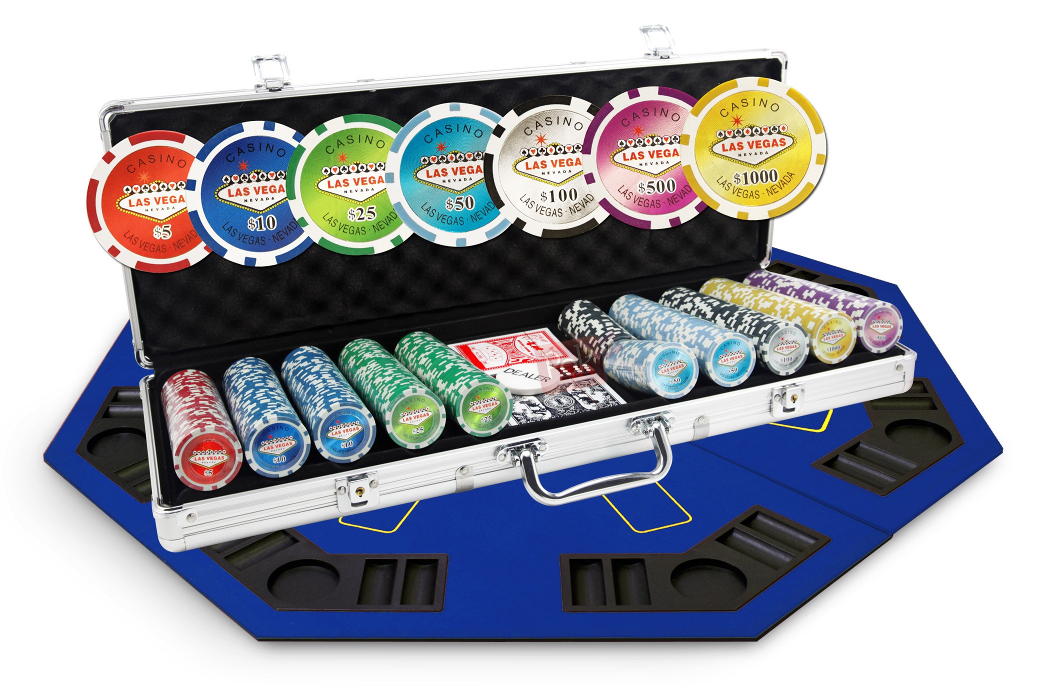 Pack de poker mallette Las Vegas 500 jetons et table top bleu