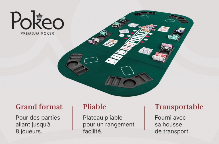 Plateau de Poker 8 Joueurs - Pliable en 4 Parties - Vert