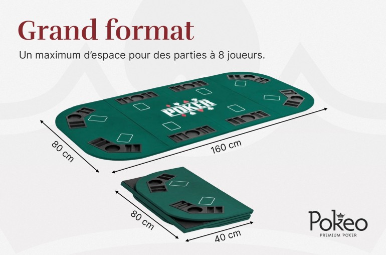 Plateau de Poker 8 Joueurs - Pliable en 4 Parties - Vert