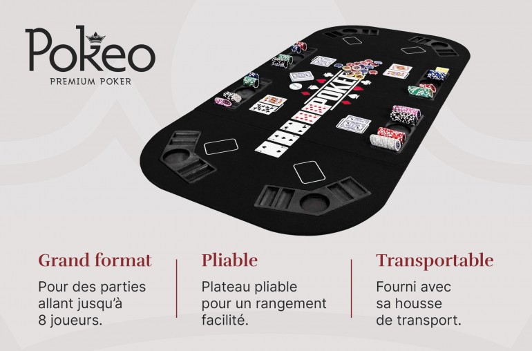 Plateau de Poker 8 Joueurs - Pliable en 4 Parties - Noir