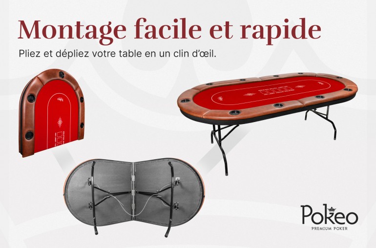 Table de Poker 10 Joueurs - Compacte et Pliable - Rouge