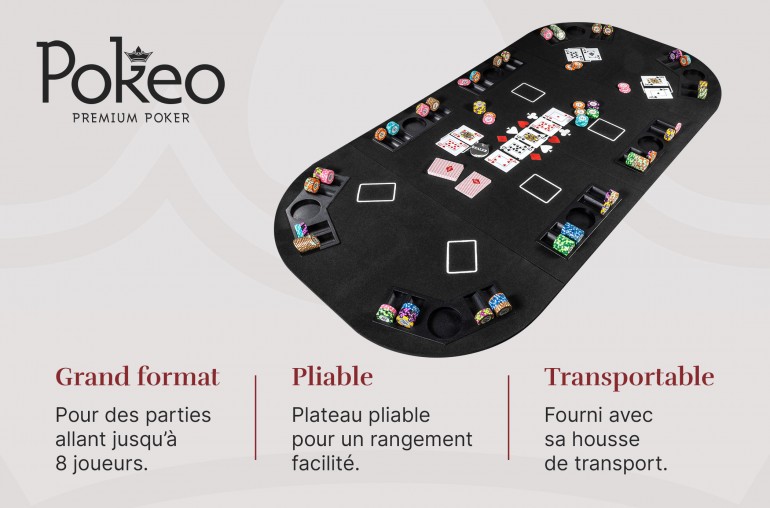 Plateau de Poker 8 Joueurs - Pliable en 4 Parties - Noir