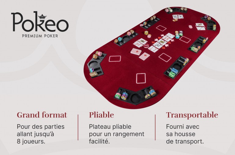 Plateau de Poker 8 Joueurs - Pliable en 4 Parties - Rouge