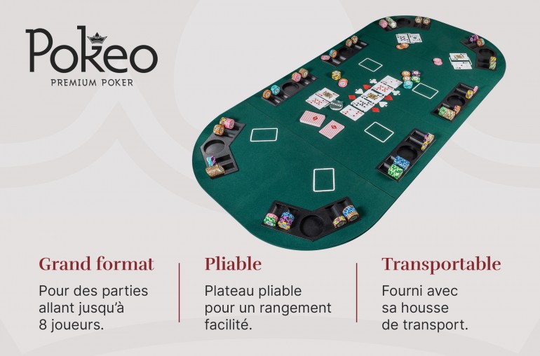 Plateau de Poker 8 Joueurs - Pliable en 4 Parties - Vert